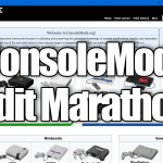 The front page of ConsoleMods.org overlaid with "ConsoleMods Edit Marathon"