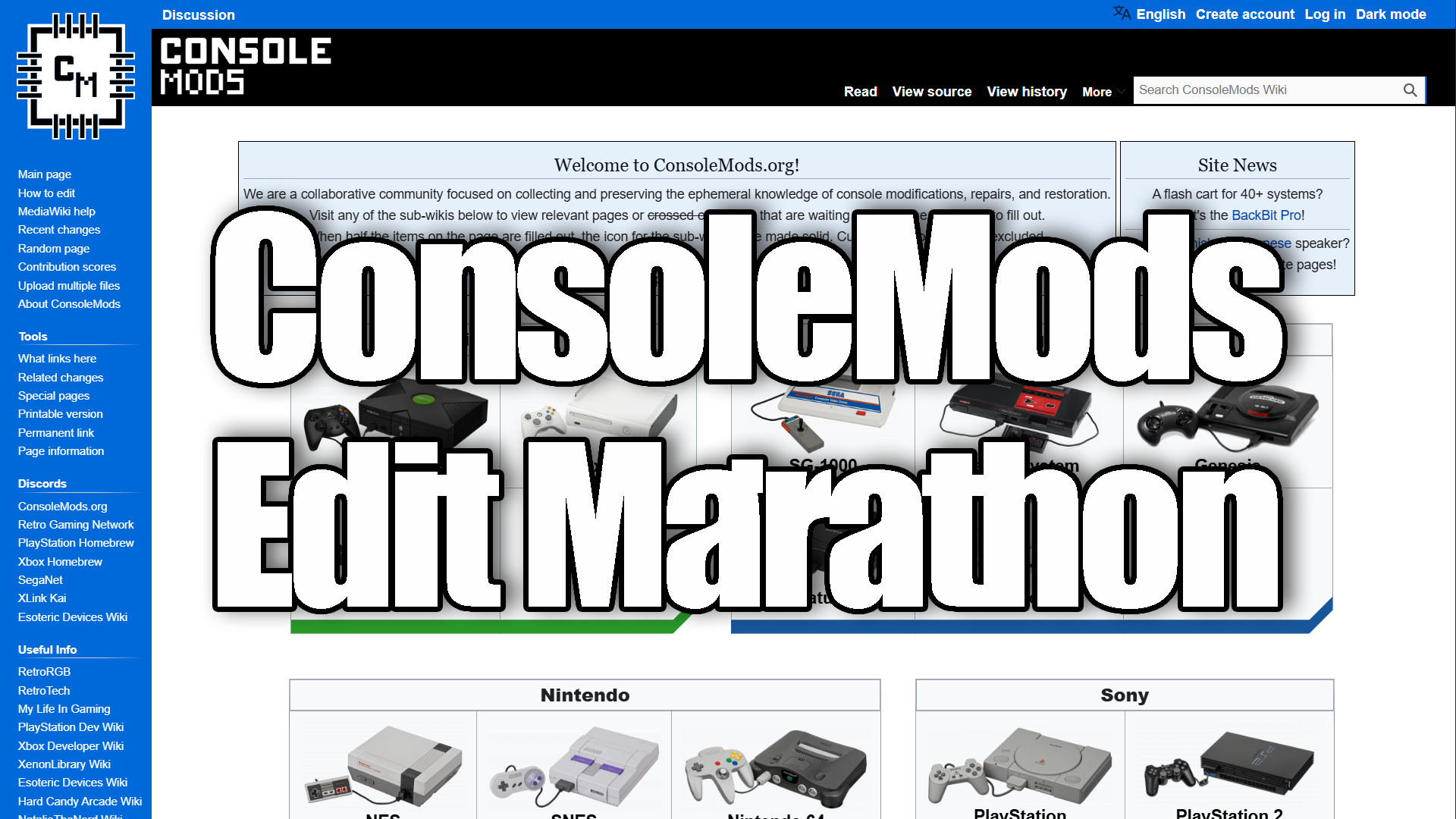 The front page of ConsoleMods.org overlaid with "ConsoleMods Edit Marathon"